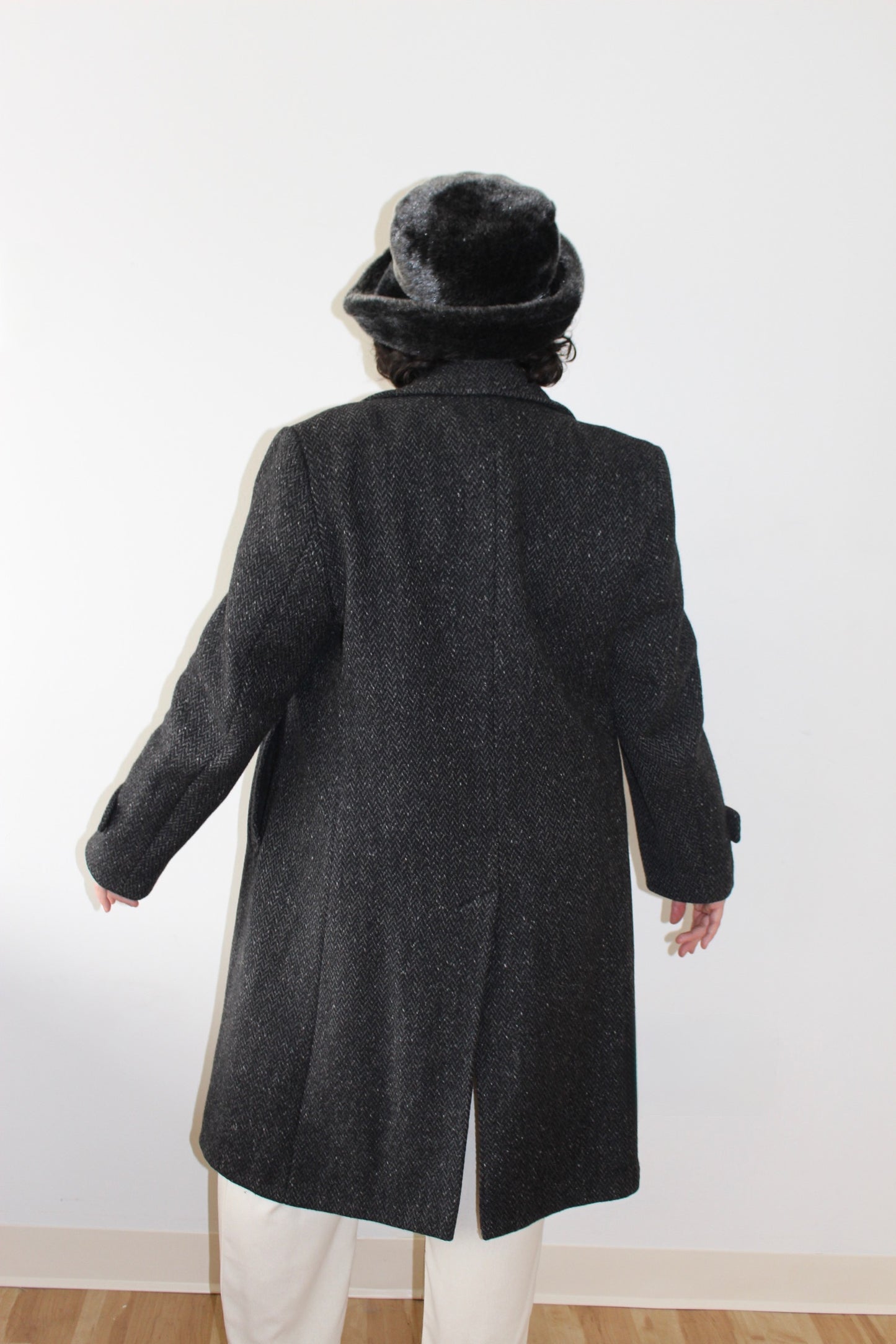 Vintage Charcoal Wool Herringbone Coat