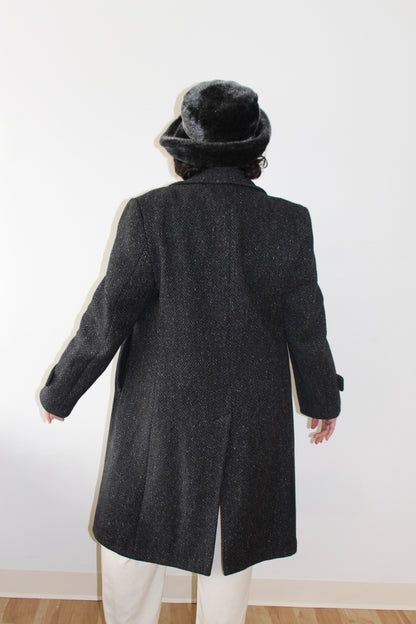 Vintage Charcoal Wool Herringbone Coat