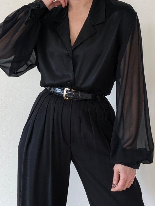 Elegant Vintage Silk Charmeuse Sheer-Sleeve Blouse