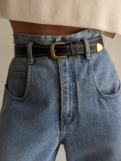 Vintage Stitched Onyx Leather Belt