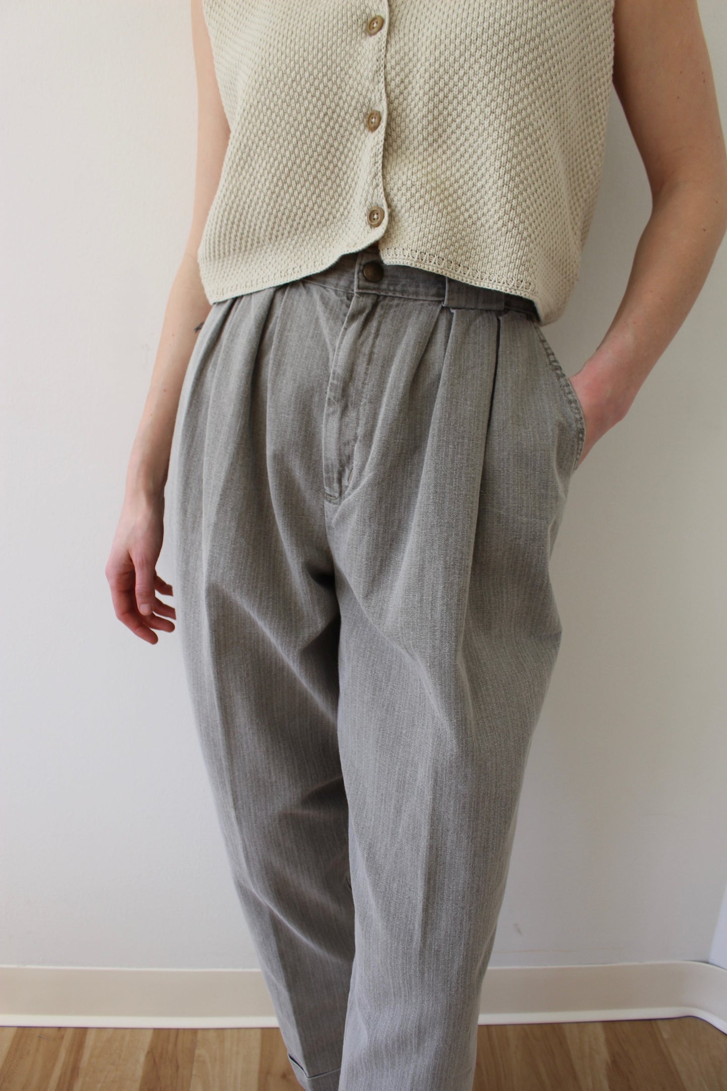 Vintage Stone Pleated Cotton Trousers