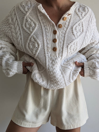 Vintage Hand-Knit Patterned Weave Henley
