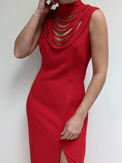Amazing Vintage Crimson Layered Neckline Evening Dress