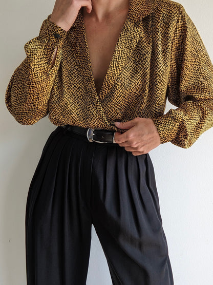 Vintage Patterned Satin Low-Cut Blouse