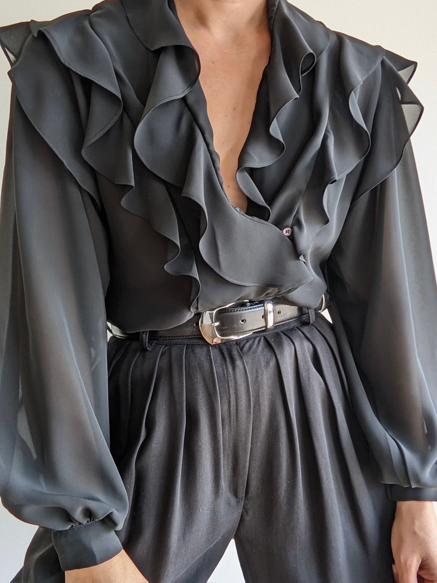Vintage Sheer Onyx Ruffled Blouse