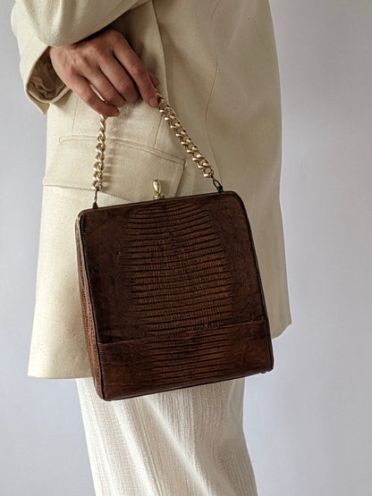 Gorgeous Vintage Lizard-Embossed Leather Handbag