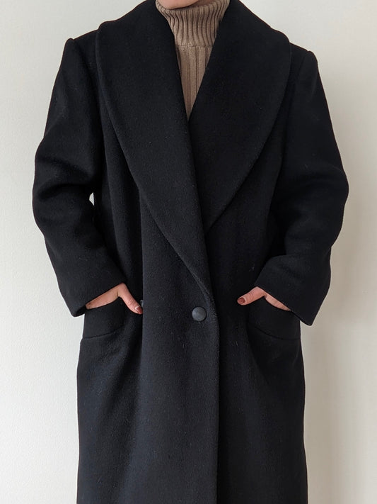 Vintage Ink Black Wool & Cashmere Shawl-Collared Coat