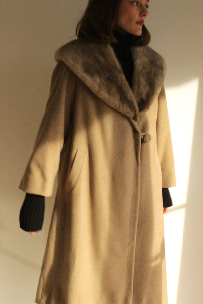 Vintage Latte Pure Cashmere & Fur Collar Coat