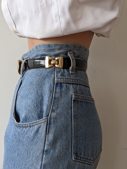 Vintage Segmented Ink Black Patent Leather Belt