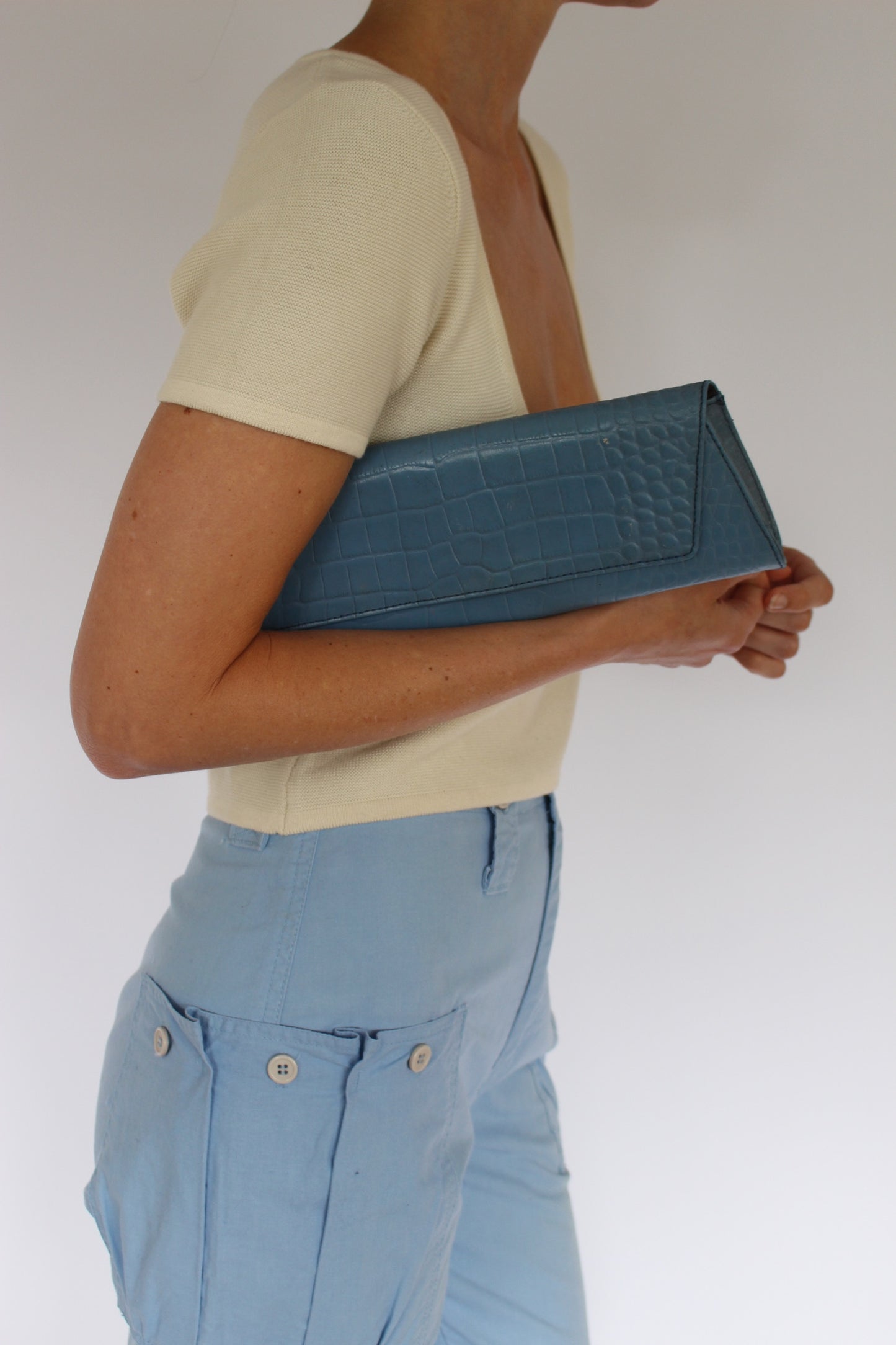 Vintage Cerulean Embossed Leather Clutch Bag