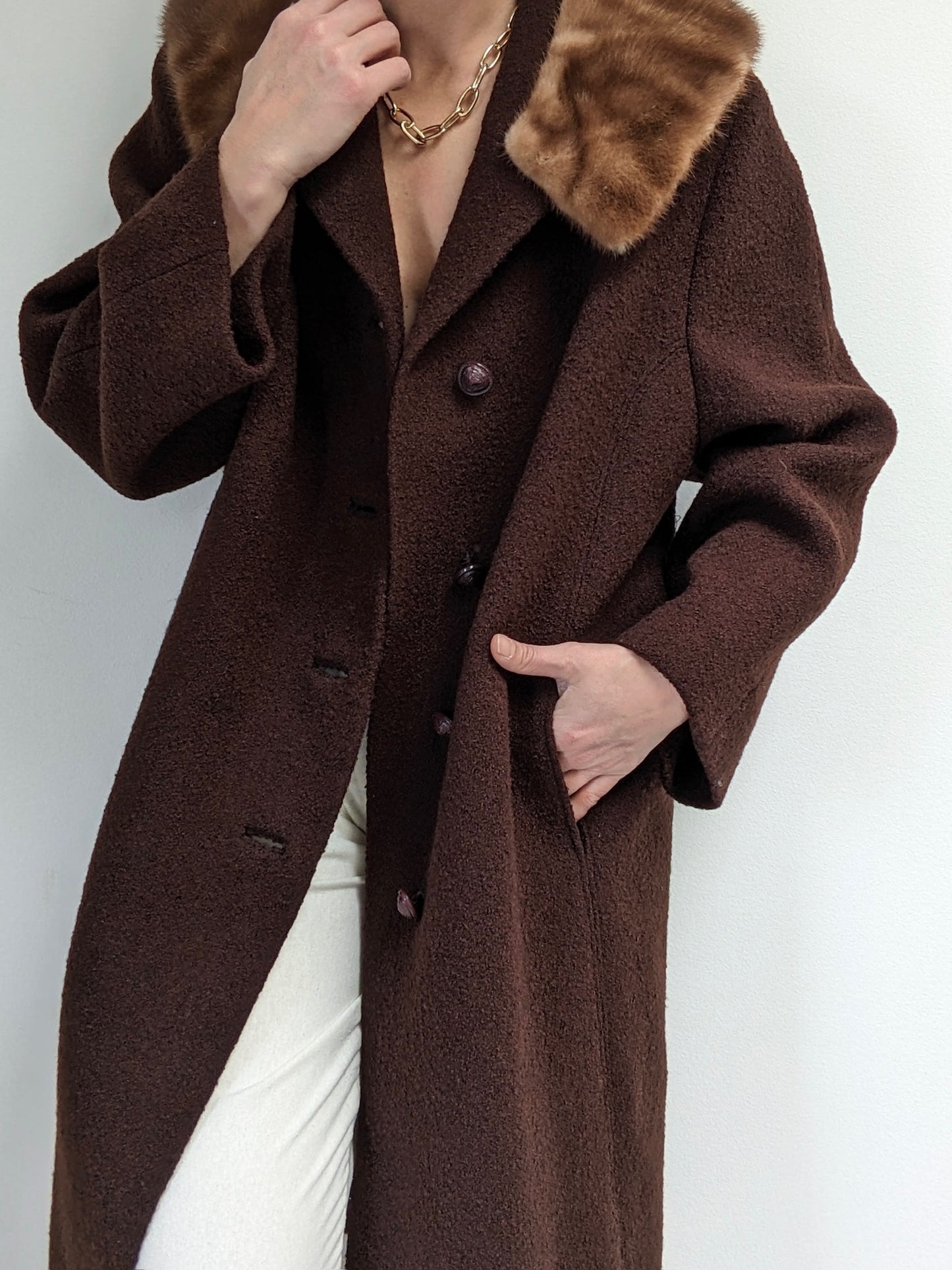 Gorgeous Vintage Chocolate Bouclé Wool & Fur Coat