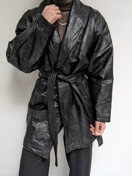 Vintage Black Belted Patchwork Leather Coat