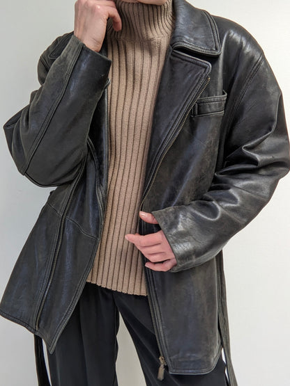 Vintage Faded Black Belted Lambskin Leather Coat