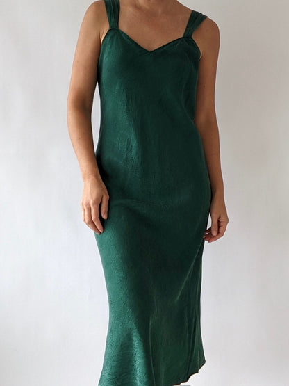 Vintage Embossed Moss Green Silk Slip Dress