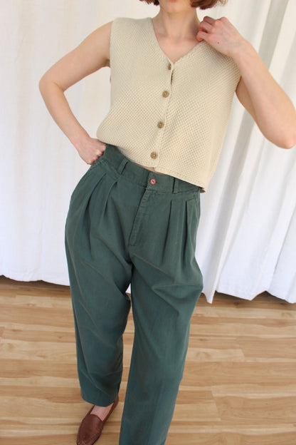 Vintage Evergreen Pleated Cotton Trousers