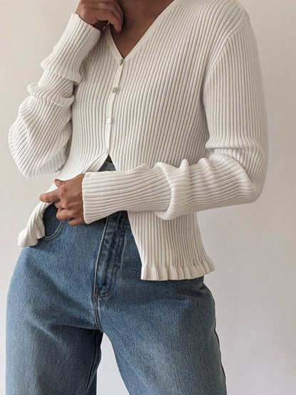90s Ivory Ruffled Cotton Cardigan