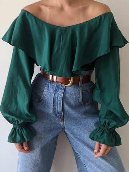Incredible Vintage Emerald Ruffled Silk Blouse