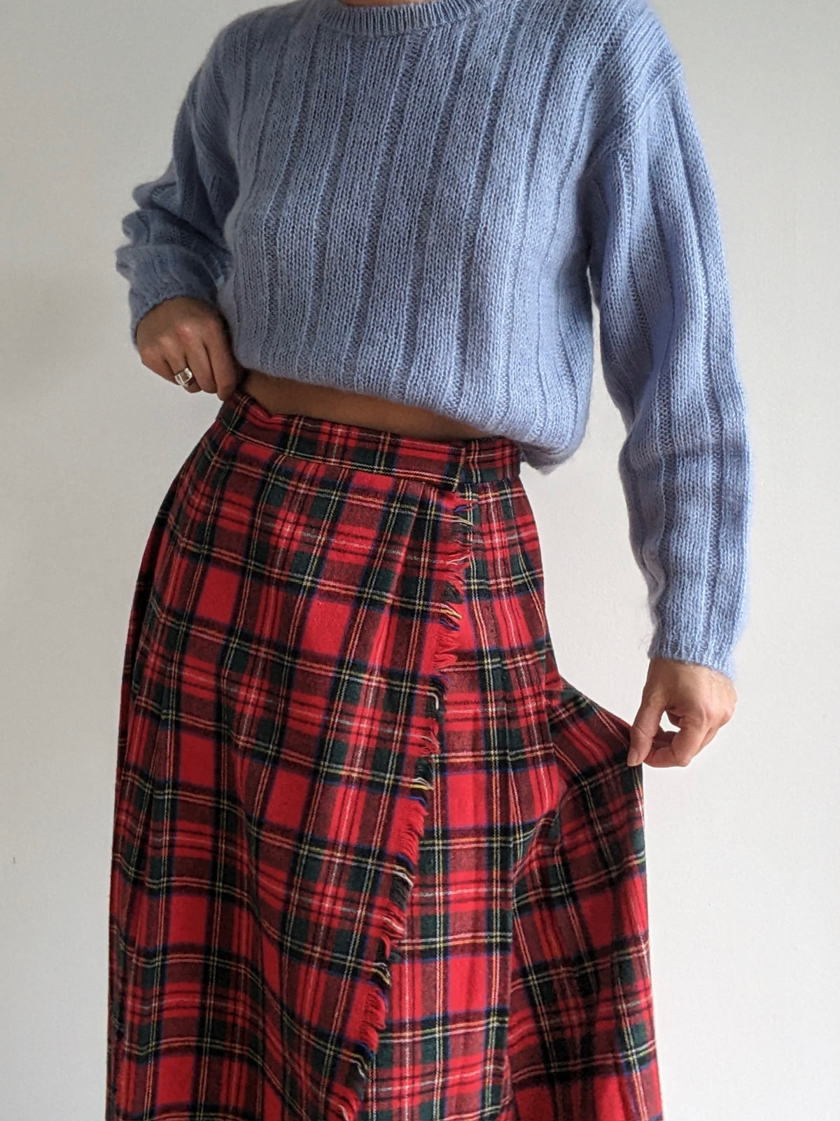 Vintage Fringed & Pleated Plaid Wool Wrap Skirt