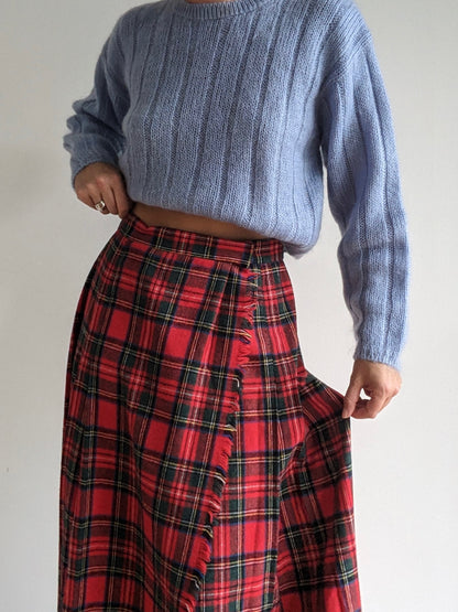Vintage Fringed & Pleated Plaid Wool Wrap Skirt