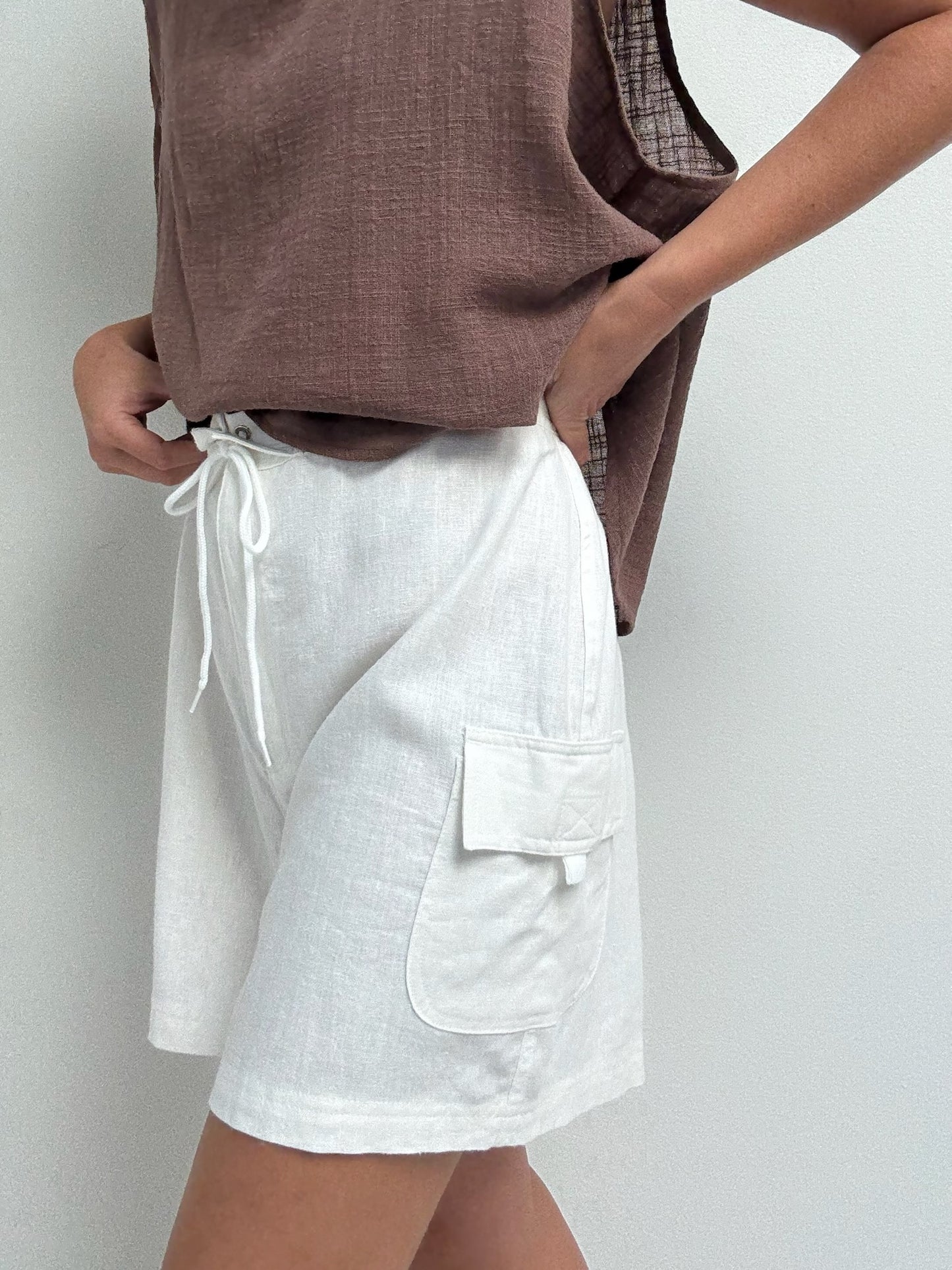 Vintage White Linen Cargo Shorts