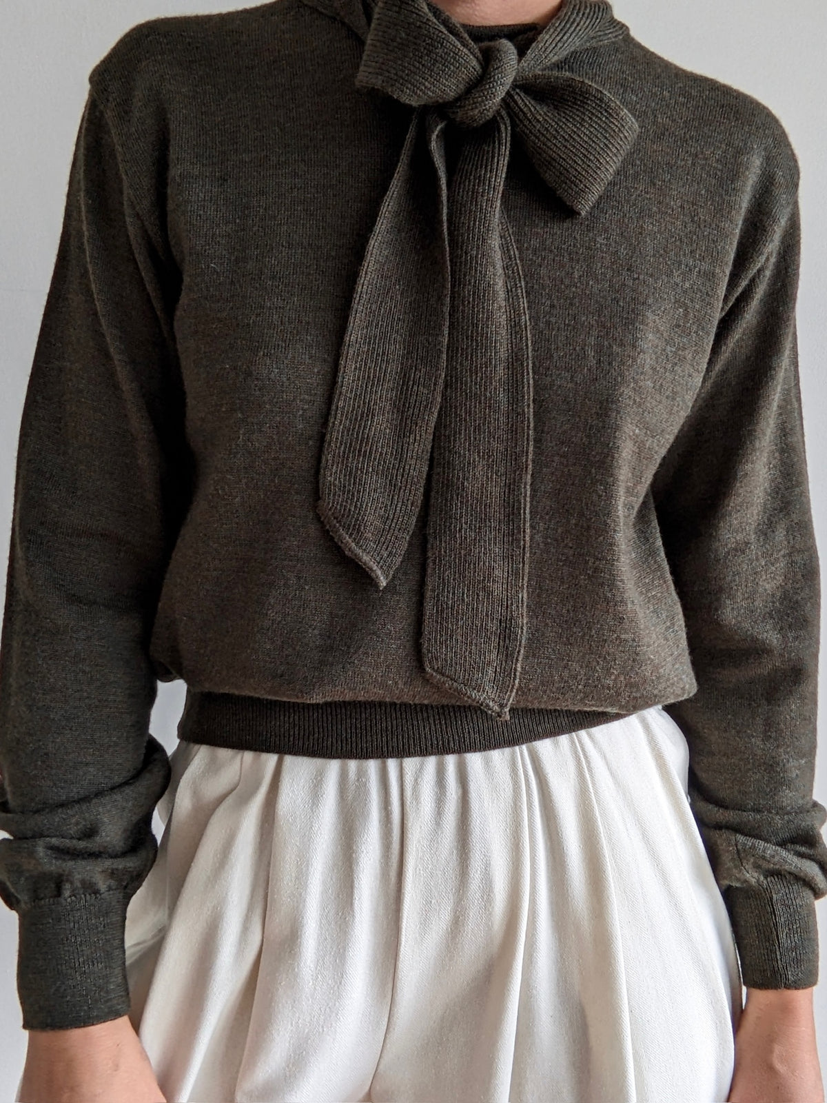 Vintage Olive Merino Wool Neck Tie Sweater
