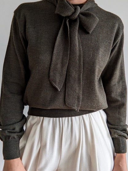 Vintage Olive Merino Wool Neck Tie Sweater