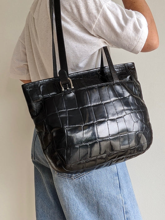 Vintage Paola Del Lungo Croc-Embossed Leather Tote