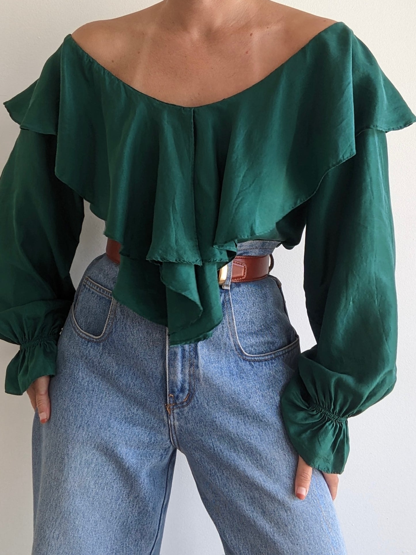 Incredible Vintage Emerald Ruffled Silk Blouse