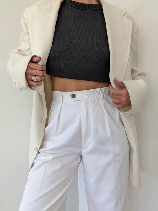 Vintage Ivory Pleated Cotton Twill Trousers
