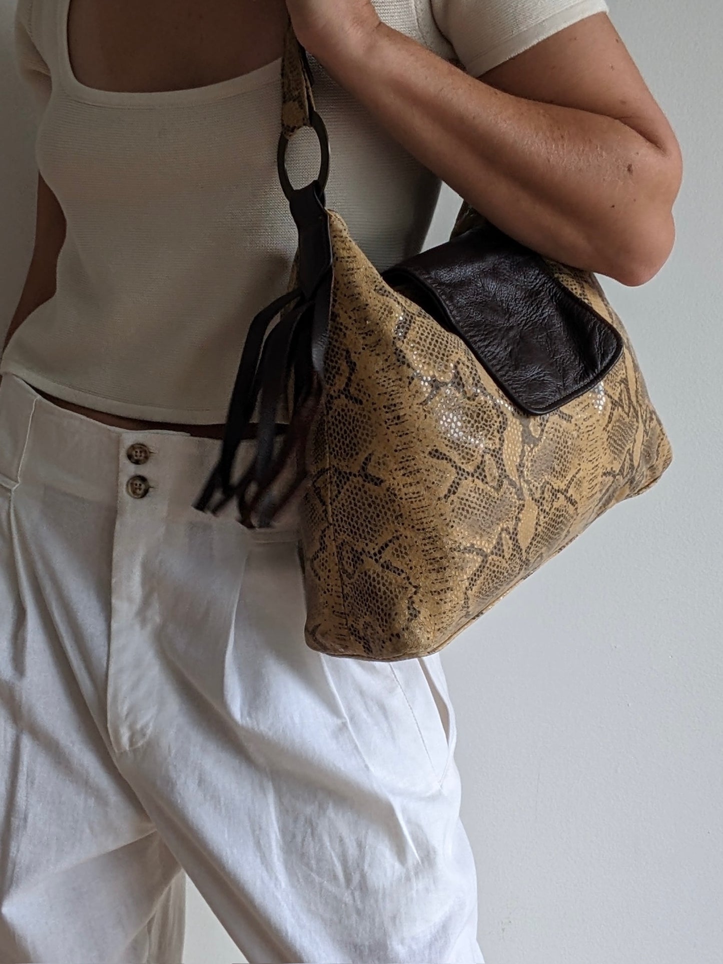 Vintage Snake-Embossed Fringe Leather Bag