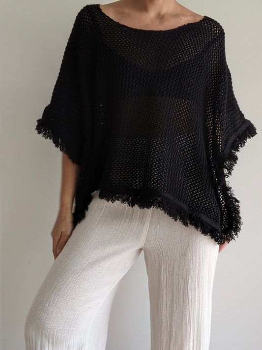 Vintage Onyx Woven Fringe Poncho