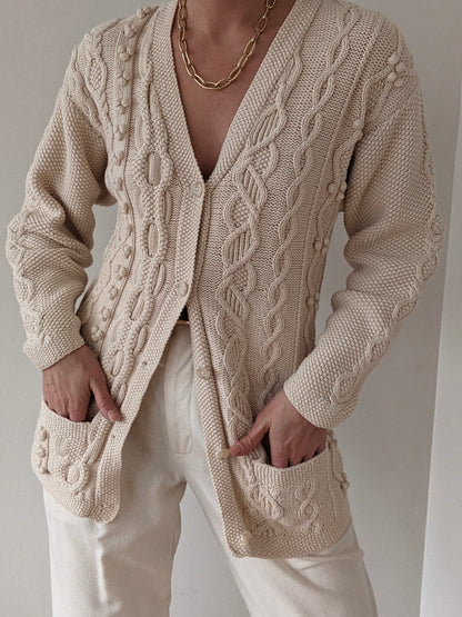 Vintage Cream Cotton & Wool Patterned Cardigan