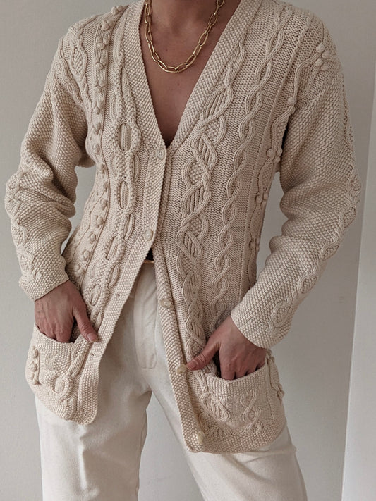 Vintage Cream Cotton & Wool Patterned Cardigan