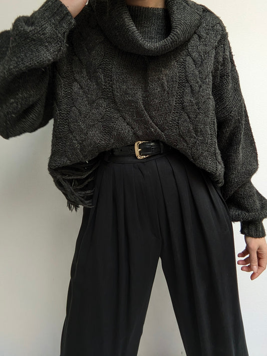 Amazing Vintage Charcoal Fringe Wool Turtleneck