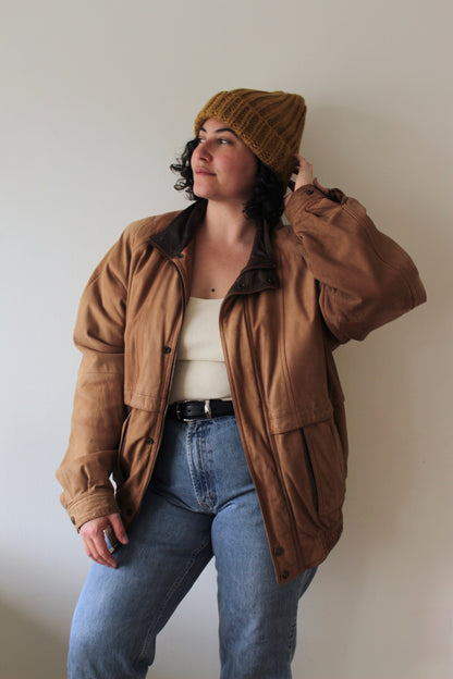 Vintage Saddle Brown Leather Bomber Jacket