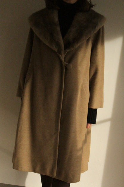 Vintage Latte Pure Cashmere & Fur Collar Coat