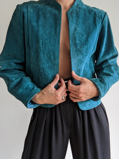 Bold Vintage Turquoise Suede Cropped Jacket