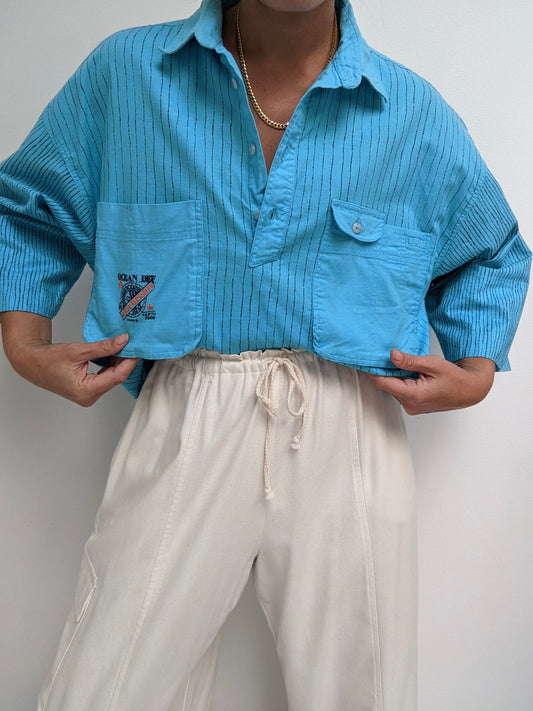 Vintage Aqua Striped Leiusure Henley Tee