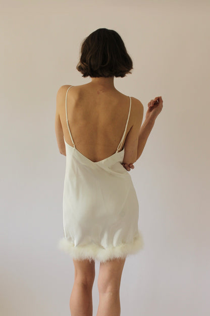 Vintage Satin Faux-Fur Trim Slip Dress