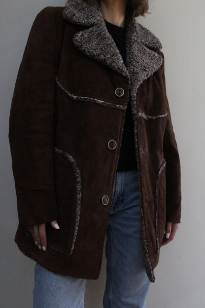 Vintage Chocolate Suede Shearling Penny Lane Coat