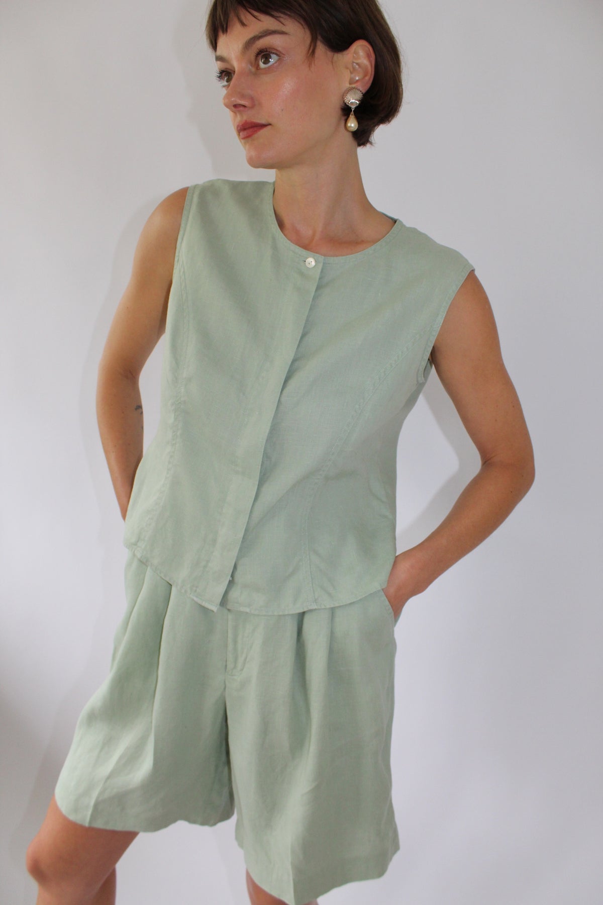 Vintage Seafoam Linen Shorts Set