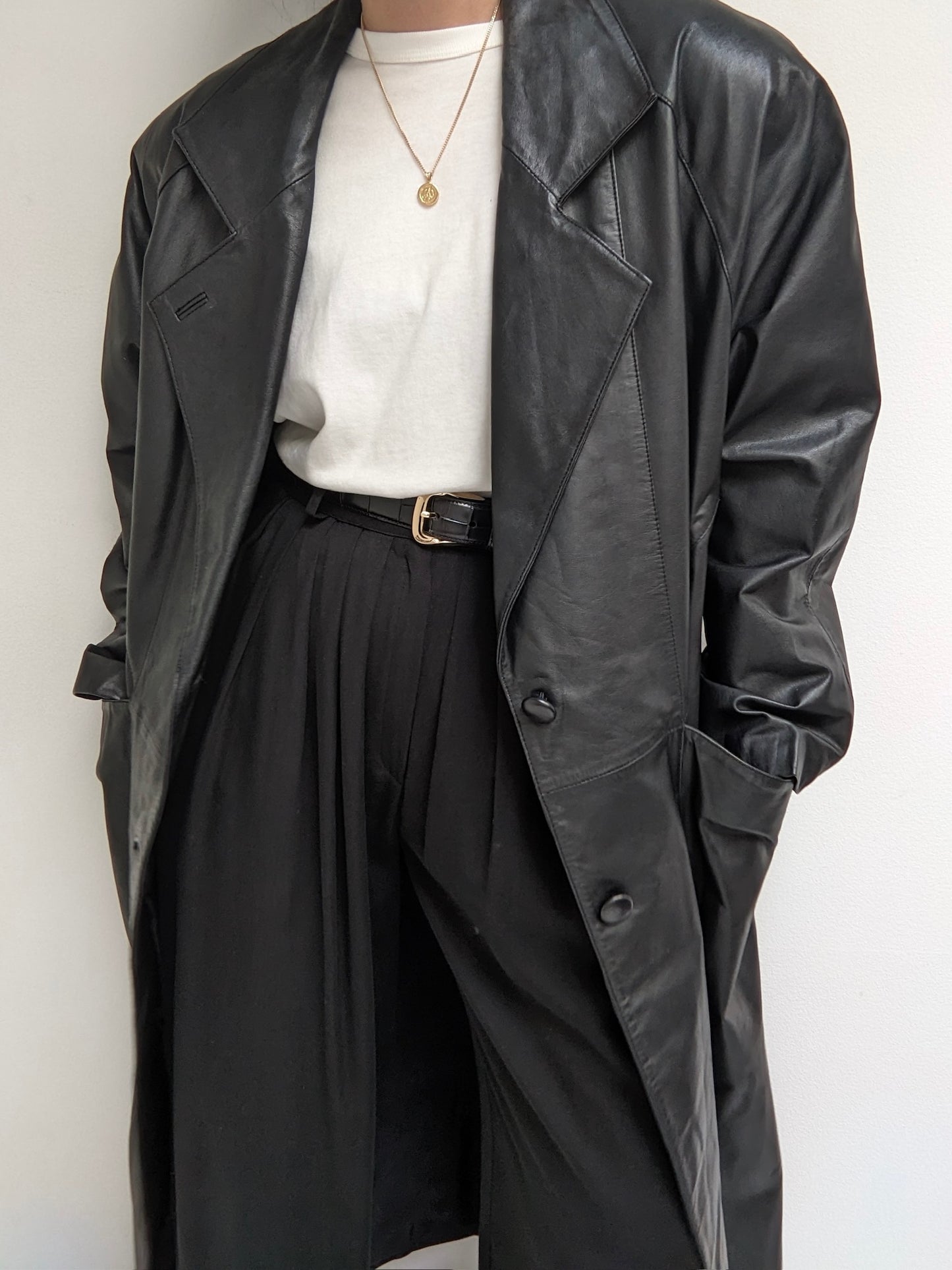 Vintage Black Leather Trench Coat