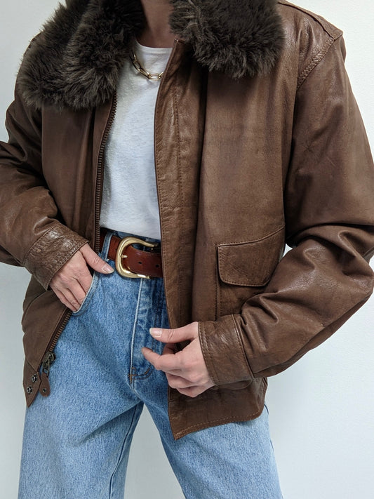 Vintage Almond Leather & Faux Fur Bomber