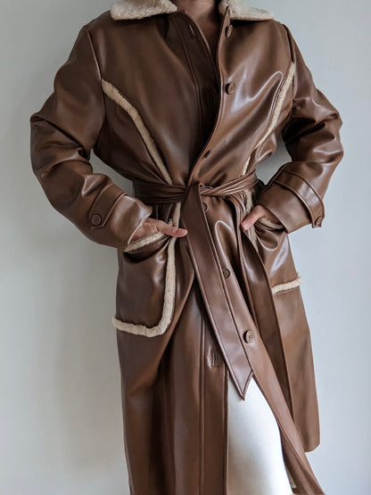 Vintage Chocoate Vegan Leather Belted Coat