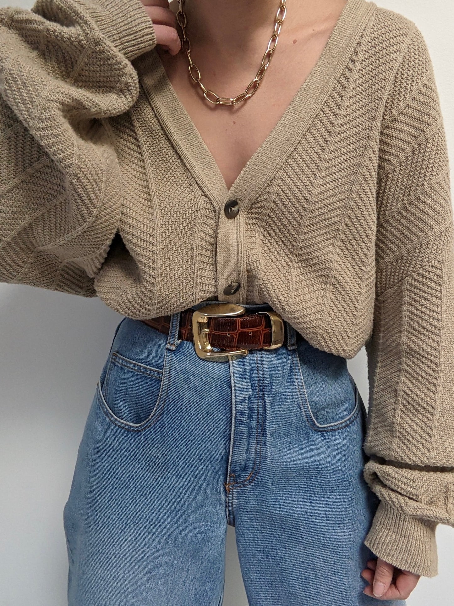Vintage Latte Herringbone Cotton Cardigan