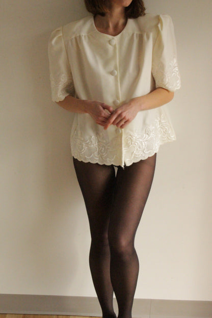 Vintage Ivory Embroidered Puffed Sleeve Blouse