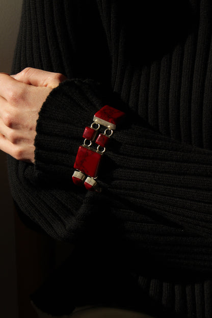 Vintage Modernist Red Jasper & Sterling Silver Bracelet & Earrings Set
