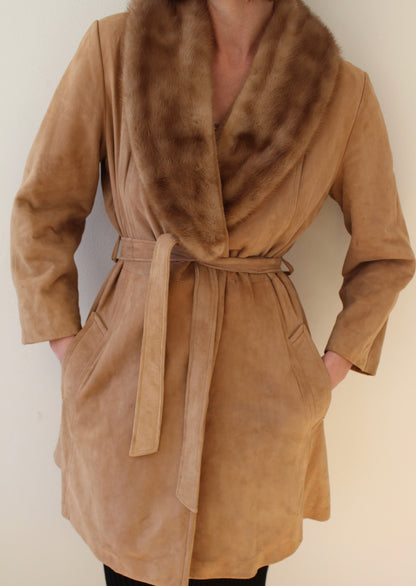 Rare Vintage Belted Suede & Fur Collar Coat