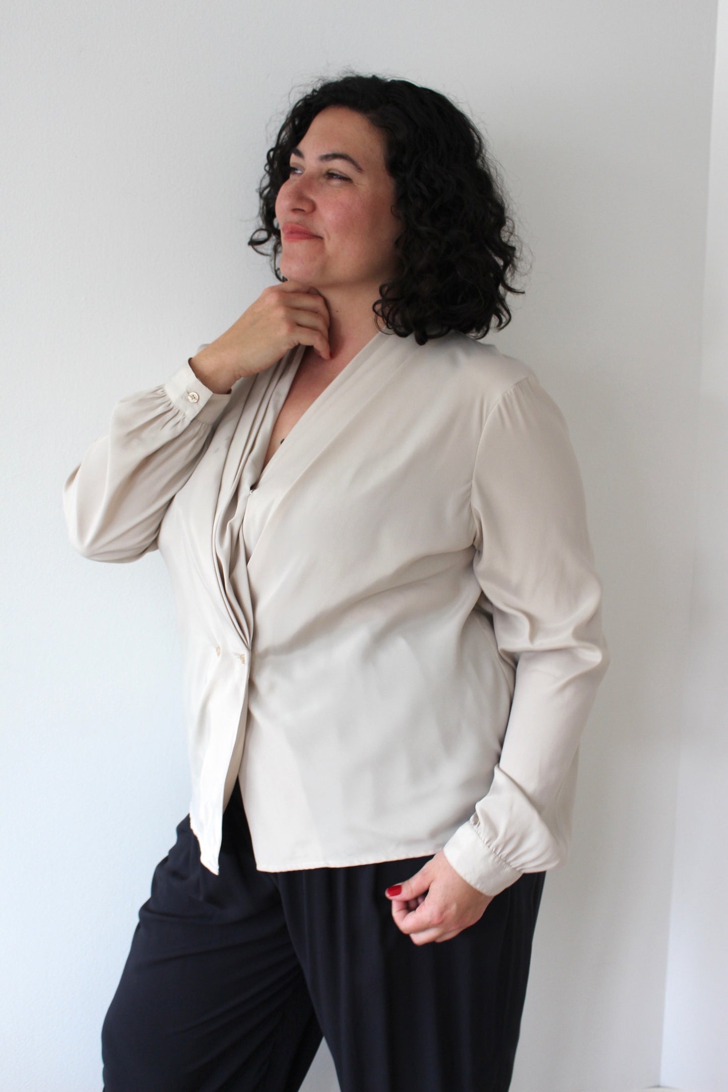 Vintage Low-V Pleated Blouse