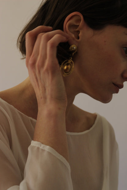 Vintage Faux Seed Pearl & Brushed Gold Earrings